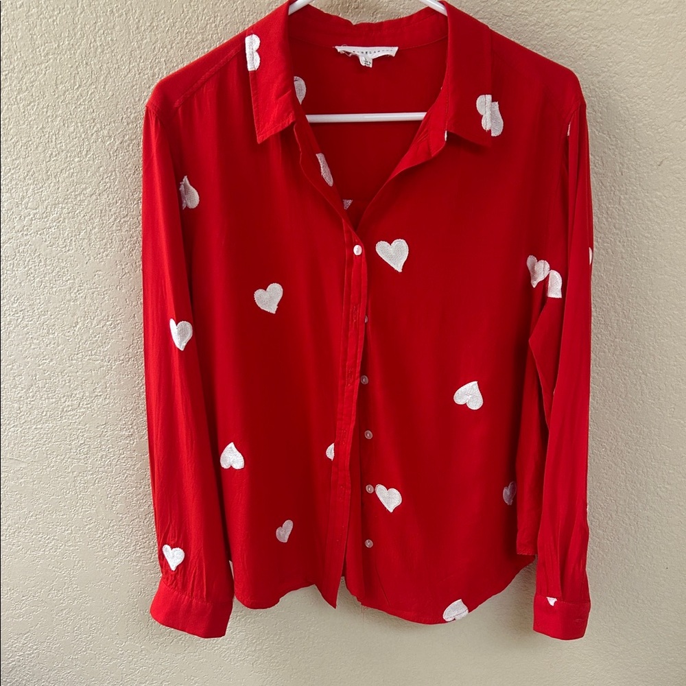 Jane and Delancey Red Shirt with White Heart Pattern